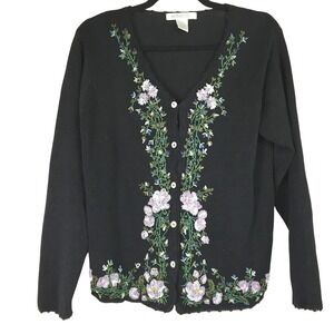 Arriviste Black Beaded Floral Embroidered Cardigan Sweater Ramie Cotton CH2300 M